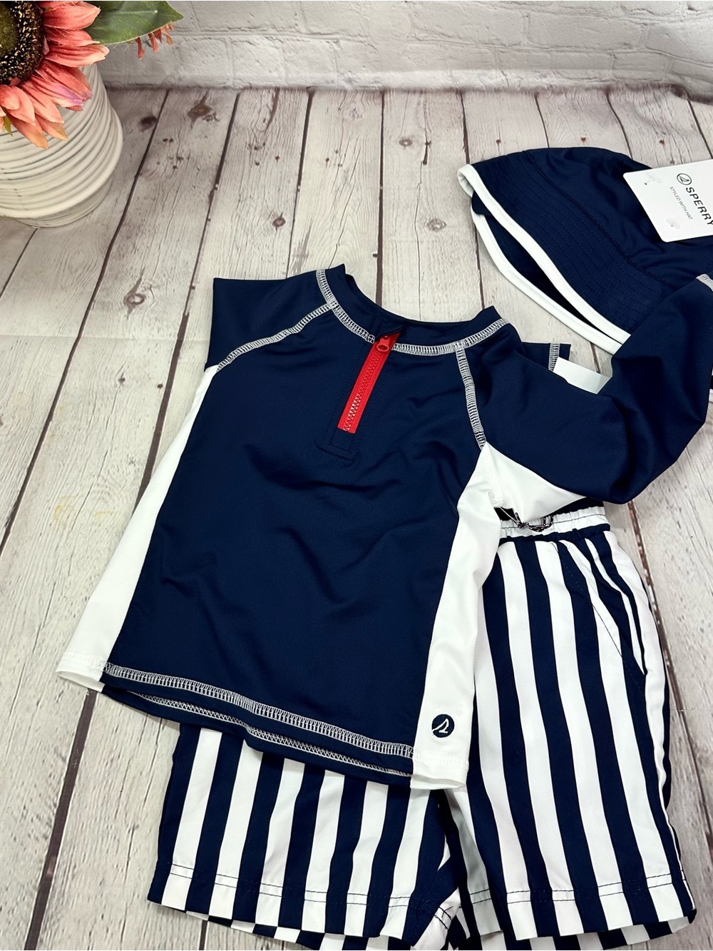 NWT Sperry Navy Rashguard swim trunks & hat 3pc Set 24M nautical beach swimwear